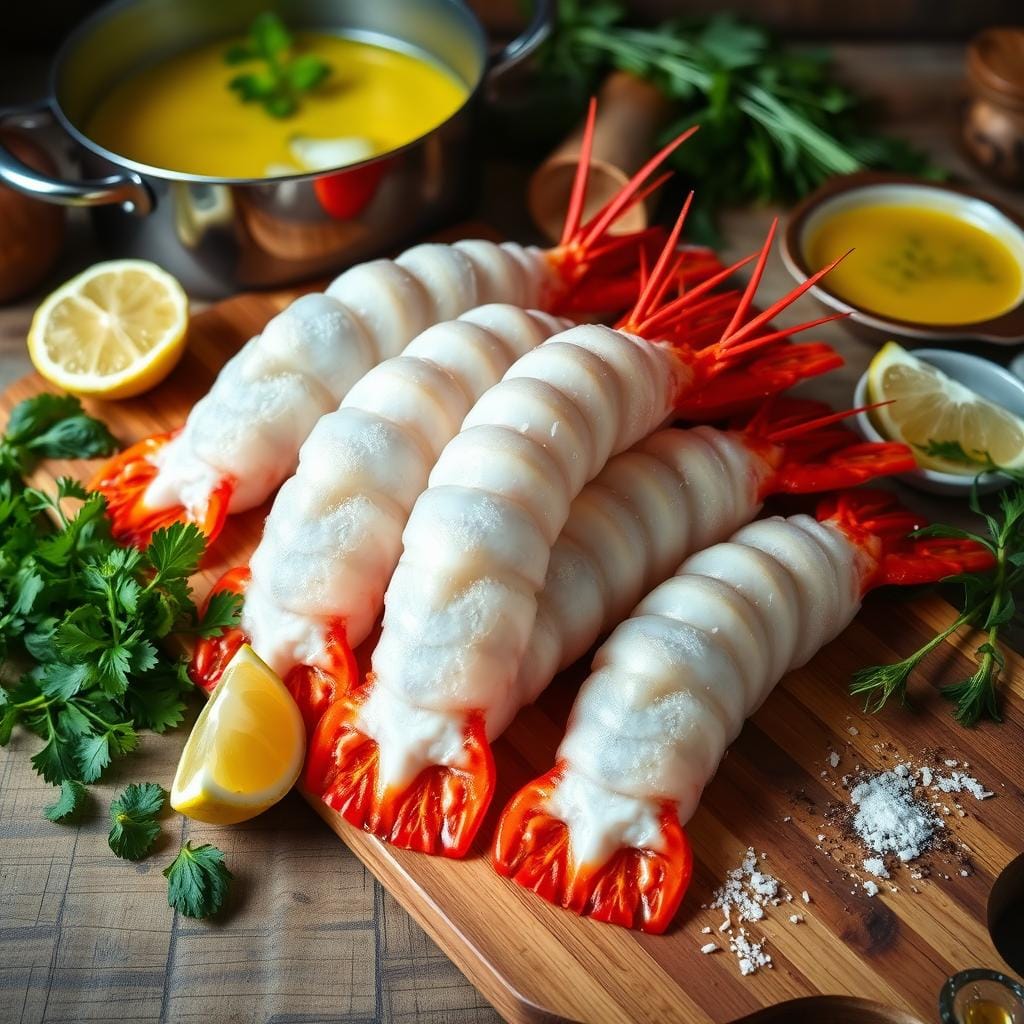 Frozen langostino tails on a wooden cutting board with herbs, lemon wedges, and garlic butter, illustrating 'Can You Use Frozen Langostino Tails?'