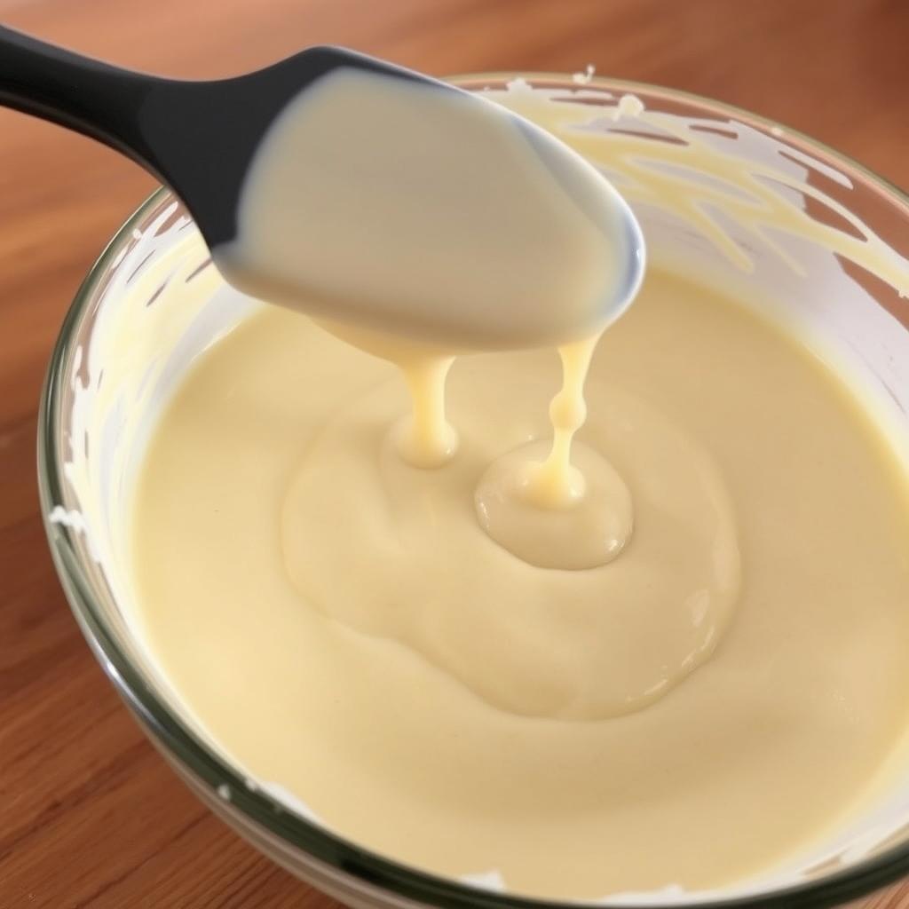 Close-up of pancake batter in a bowl, with a spatula partially submerged, showing how to pour small pancakes with thick and creamy texture, perfect for pouring.