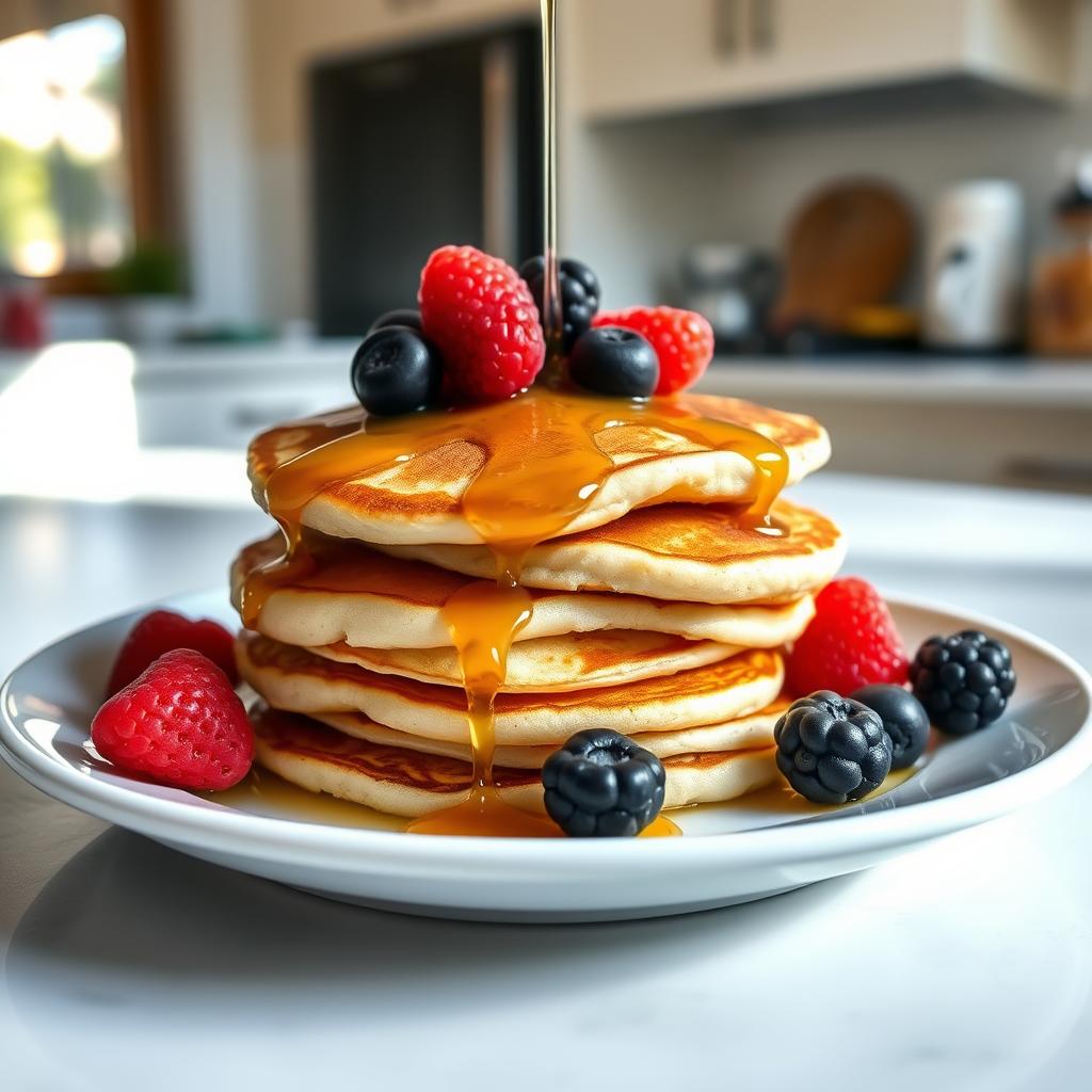 Fluffy small pancakes drizzled with maple syrup, topped with fresh blueberries and mint, showcasing a perfect breakfast. How to Pour Small Pancakes?