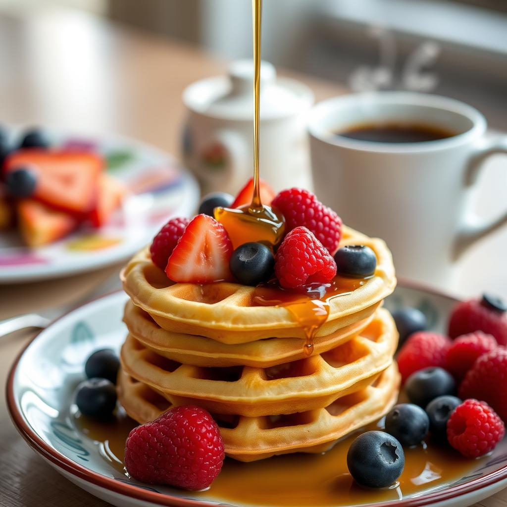 Mini waffles topped with berries and maple syrup, with a cup of coffee and colorful plate in a cozy breakfast setting