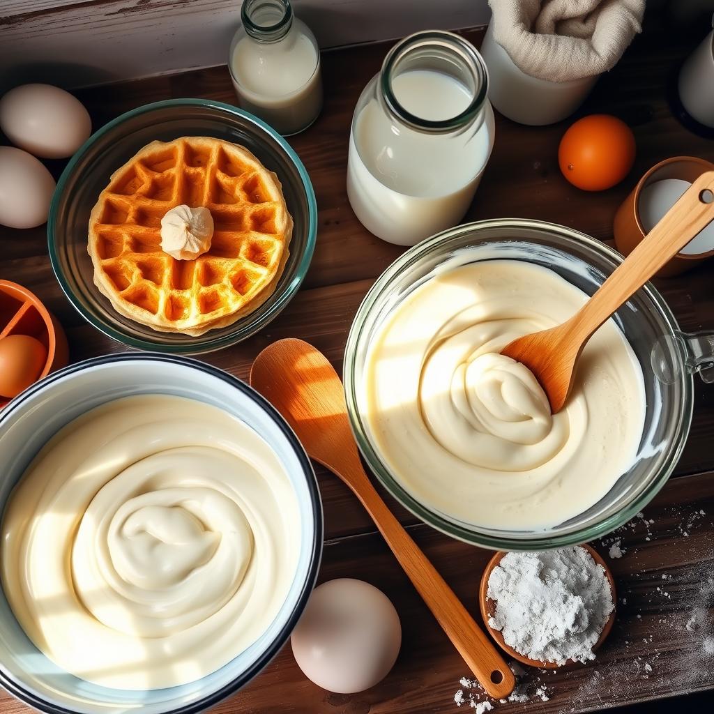 Are waffle and pancake batter the same? - A vibrant display of waffle and pancake batters in bowls, with a wooden spatula, fresh ingredients like eggs, milk, and flour, on a rustic kitchen countertop, bathed in soft morning light.