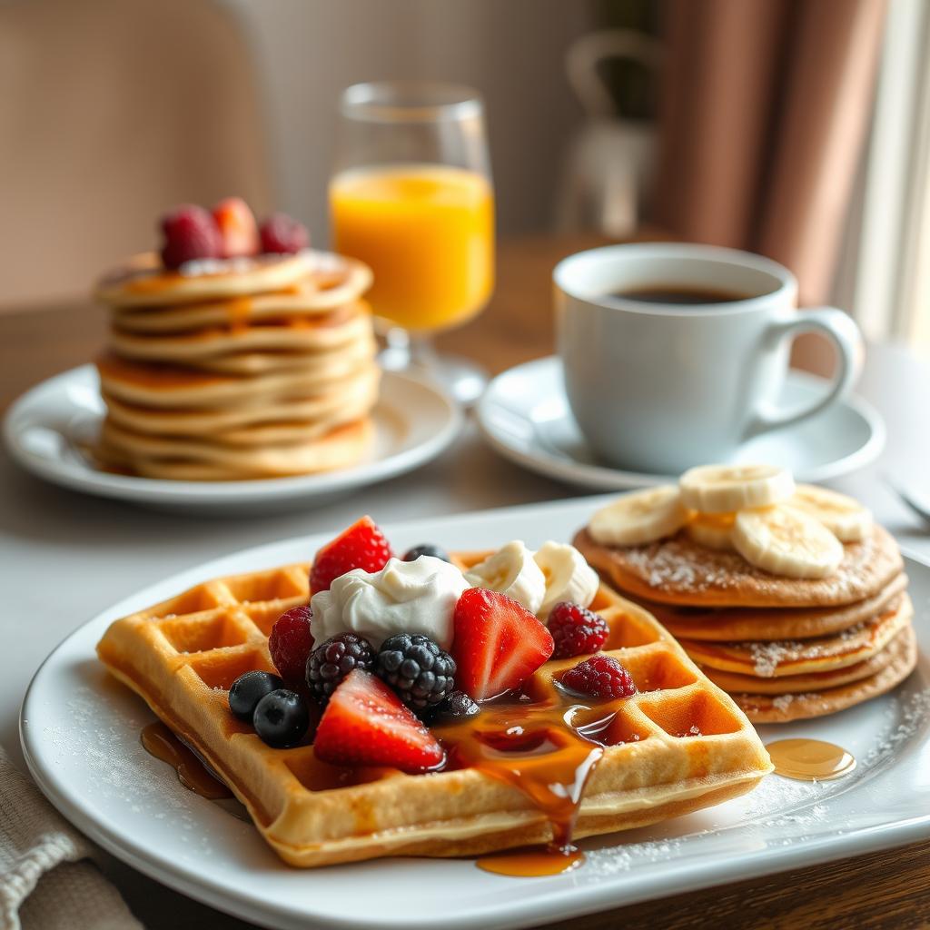 Are waffle and pancake batter the same? - A breakfast table displaying golden waffles topped with berries, maple syrup, and whipped cream, alongside tall stacks of fluffy pancakes.