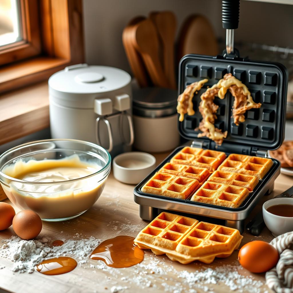 Are waffle and pancake batter the same? - A cozy kitchen scene with a waffle iron, pancake batter in a bowl, and golden waffles being prepared, surrounded by ingredients like flour, eggs, and syrup.