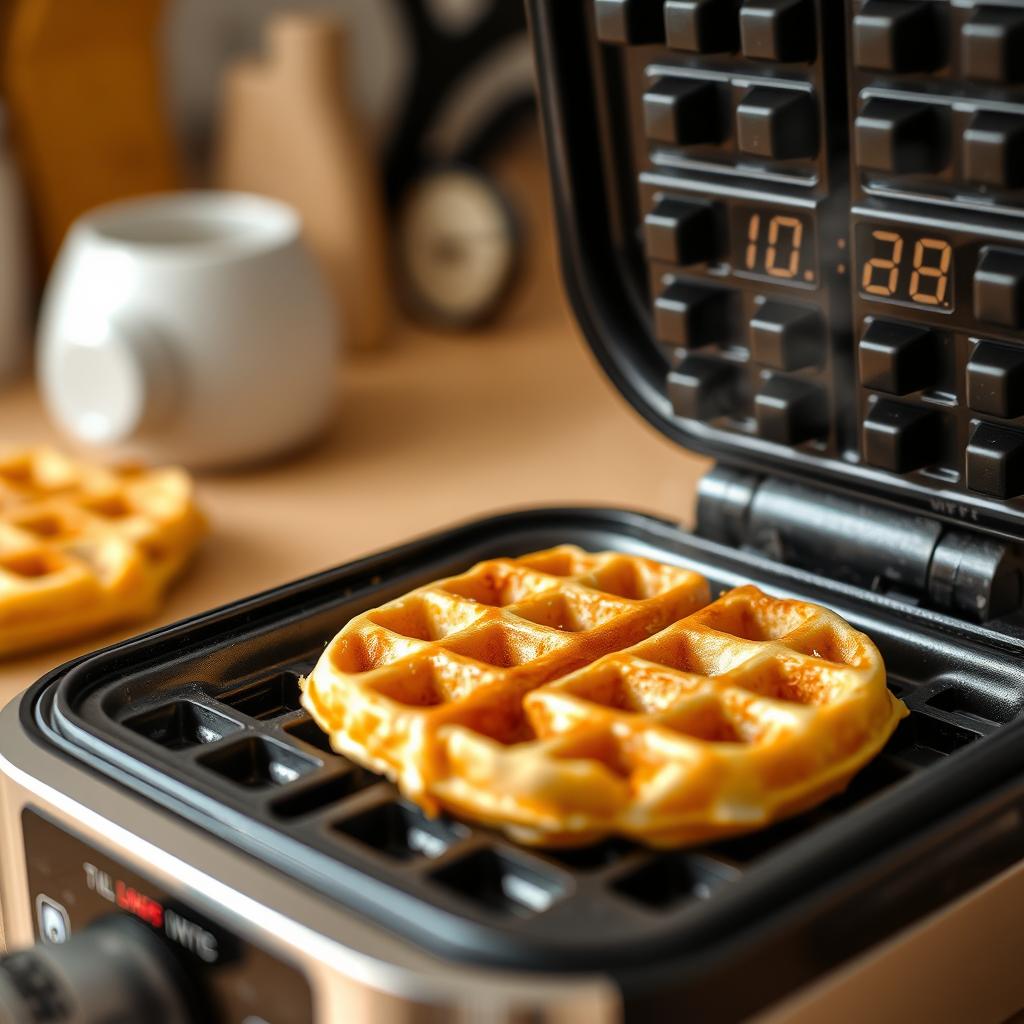 How long to cook mini waffle? A close-up of a mini waffle cooking in a waffle iron, golden brown and crispy, steam rising, with a timer showing cooking time.