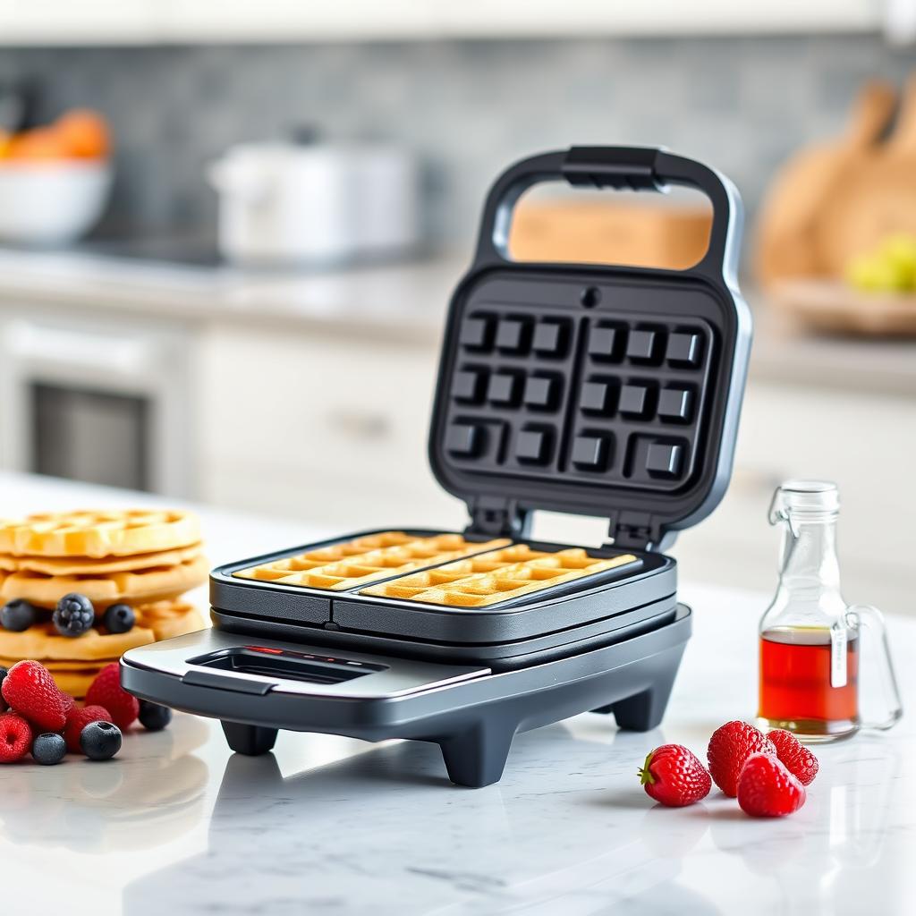 How long to cook mini waffle? A modern mini waffle maker on a countertop with golden-brown mini waffles stacked beside it, surrounded by fresh berries.