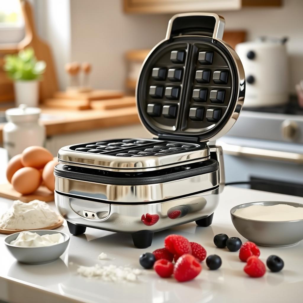 How long to cook mini waffle? A sleek mini waffle maker on a kitchen countertop, surrounded by fresh ingredients like eggs, flour, and berries, with soft natural light.