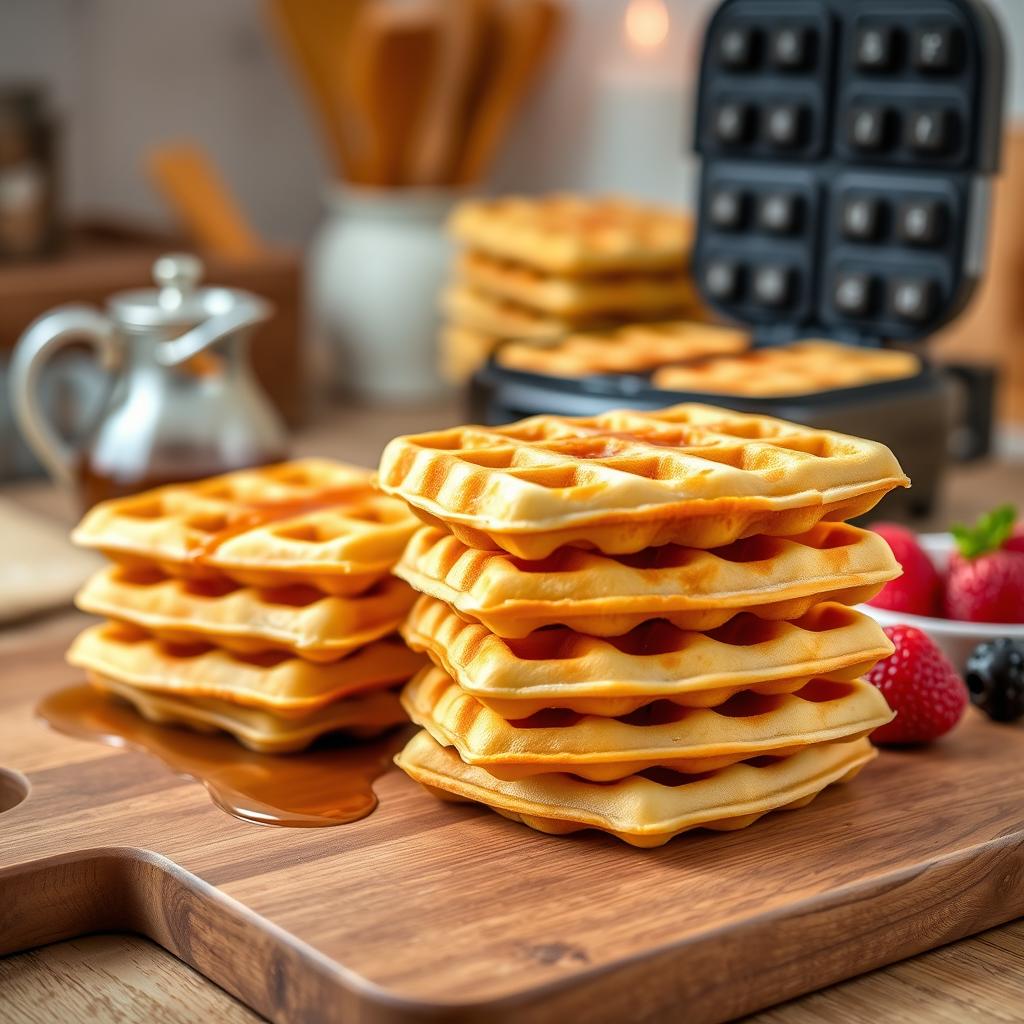 How long to cook mini waffle? A close-up of perfectly cooked mini waffles stacked on a wooden cutting board, with a waffle maker in use in the background.