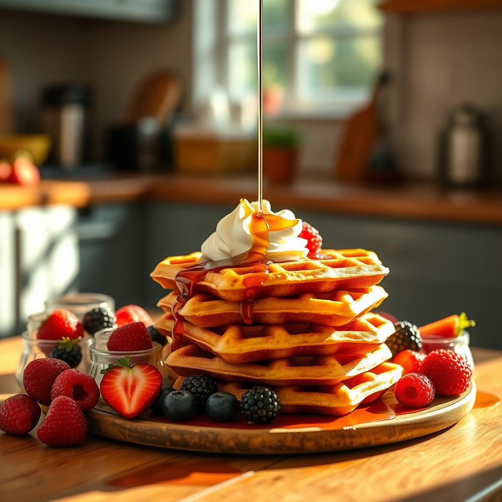 How to Toast Mini Waffles? Golden-brown mini waffles stacked on a wooden table, topped with syrup, fresh berries, and whipped cream, with a warm kitchen background.