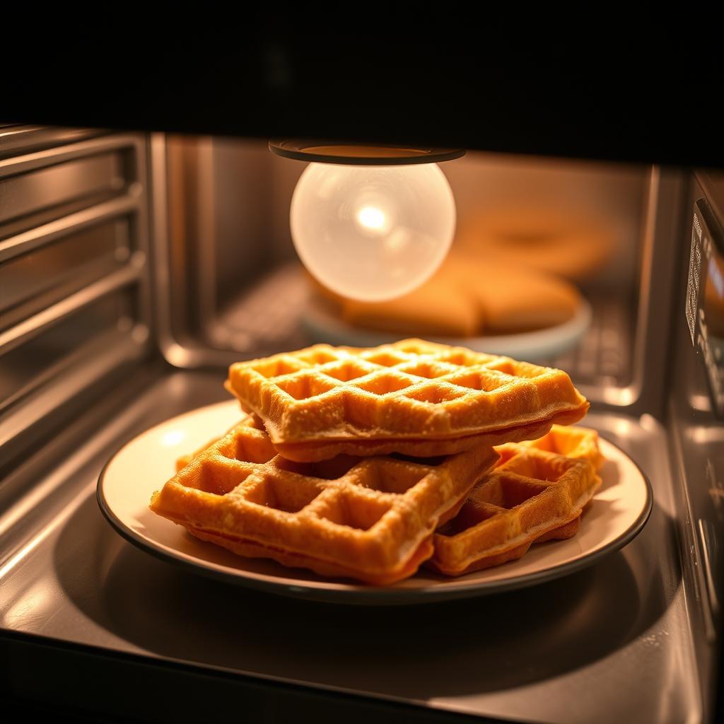 Close-up view of frozen waffles on a microwave-safe plate inside an open microwave, with soft light highlighting their golden-brown texture.