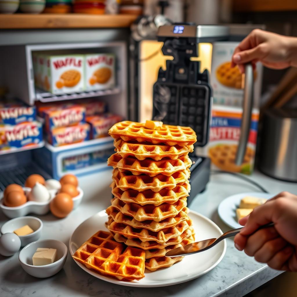 Frozen waffles ready to cook with a waffle maker, crispy waffles stacked on a plate, and frozen waffle boxes in an open freezer, set in a cozy kitchen with eggs and butter nearby.