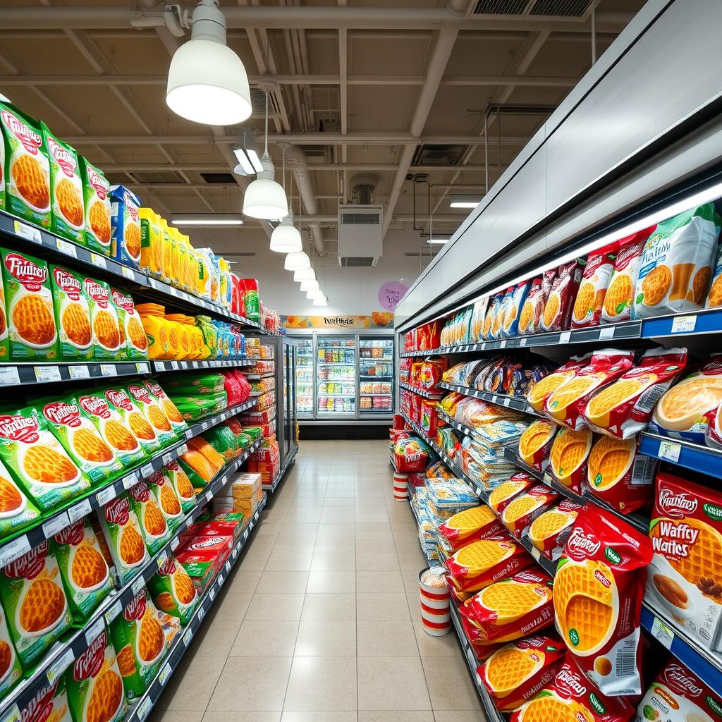 A vibrant supermarket aisle filled with a variety of frozen waffles, featuring colorful packaging and different flavors, surrounded by frozen food shelves and ice cream displays.