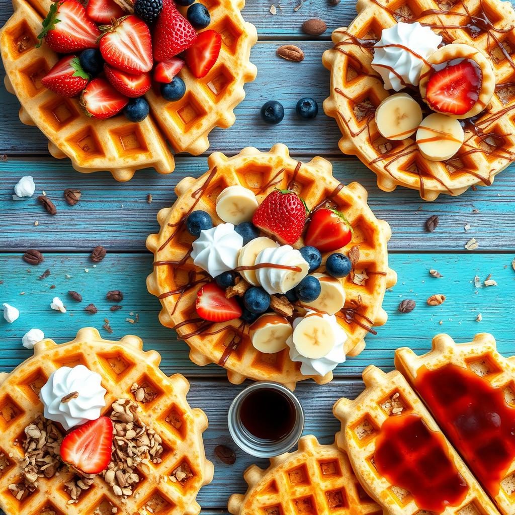 Colorful flat lay of various frozen waffles topped with fresh fruits, whipped cream, and chocolate drizzle.