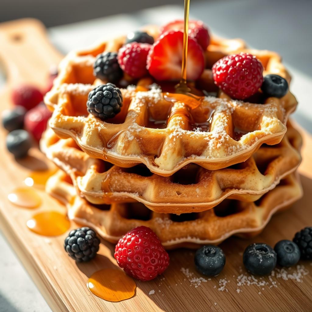 How long do you cook frozen waffles? - A close-up of frozen waffles stacked on a wooden cutting board, surrounded by fresh berries and syrup, with soft morning light highlighting their texture.