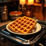 How long do you cook frozen waffles? - A close-up of golden-brown crispy waffles in a toaster, with steam rising, surrounded by a warm, cozy kitchen setting.