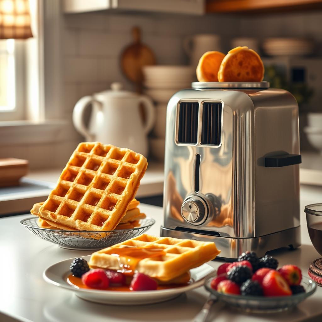 How long do you cook frozen waffles? - A cozy kitchen with golden-brown frozen waffles popping up from a toaster, surrounded by syrup, fresh berries, and warm lighting.