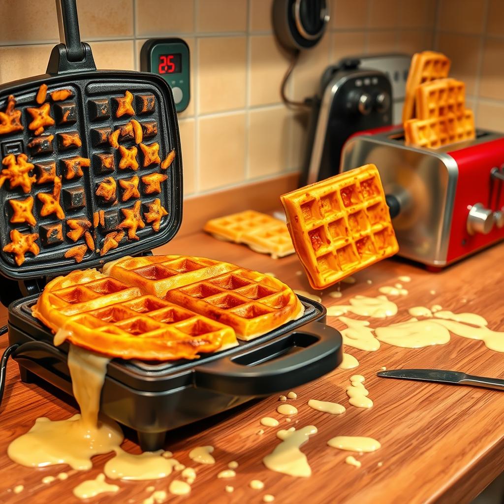 How long do you cook frozen waffles? - A chaotic kitchen scene with burnt and undercooked waffles, splatters of batter, an overflowing toaster, and a timer ringing.