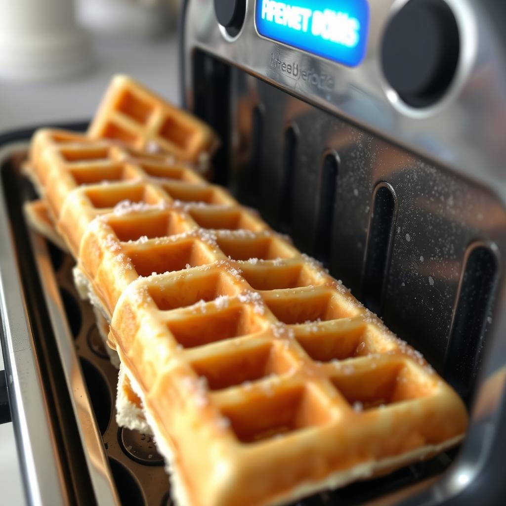 How to cook frozen waffles in the toaster: close-up view of frozen waffles in a toaster with frost visible, glowing as they begin to toast.