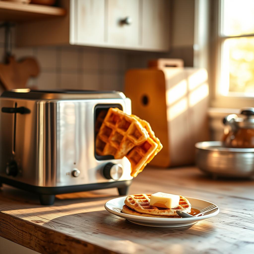 How to cook frozen waffles in the toaster: golden waffles peeking out of a silver toaster, with syrup and butter ready on a plate in a cozy kitchen setting.