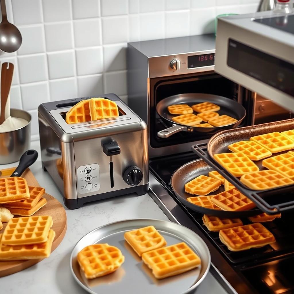 How to cook frozen waffles in the toaster: golden waffles popping up from the toaster with other waffle cooking methods in the background.