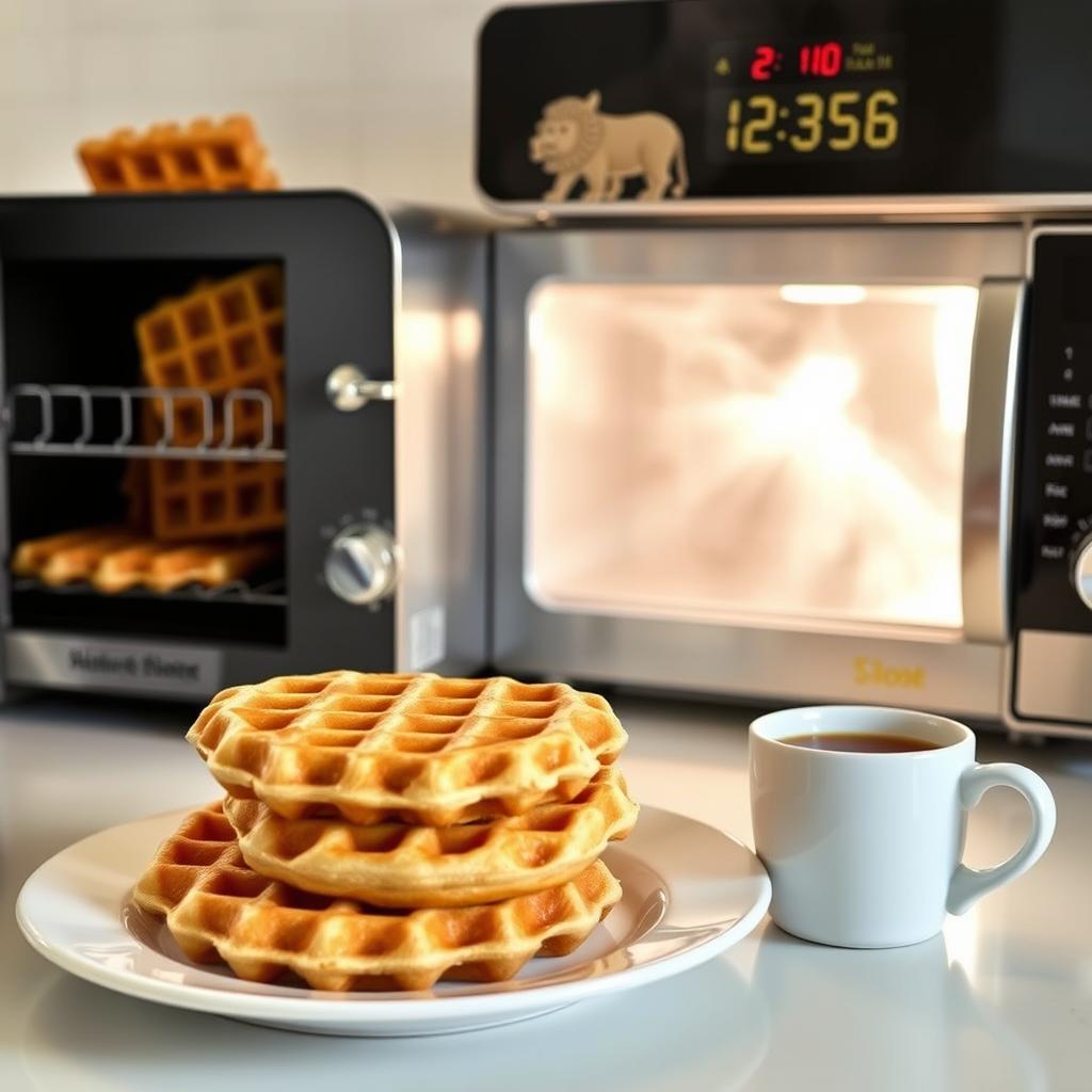 How to reheat frozen waffles: A cozy kitchen scene with golden-brown waffles stacked on a plate, a toaster with waffles popping up, a microwave steaming, and syrup nearby.