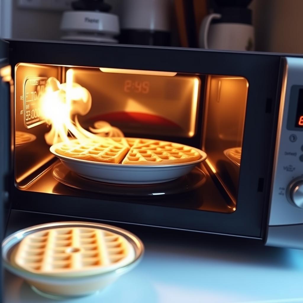 How to reheat frozen waffles: A cozy kitchen scene with a microwave, steam rising from a plate of waffles, a timer counting down, and kitchen utensils in the background.