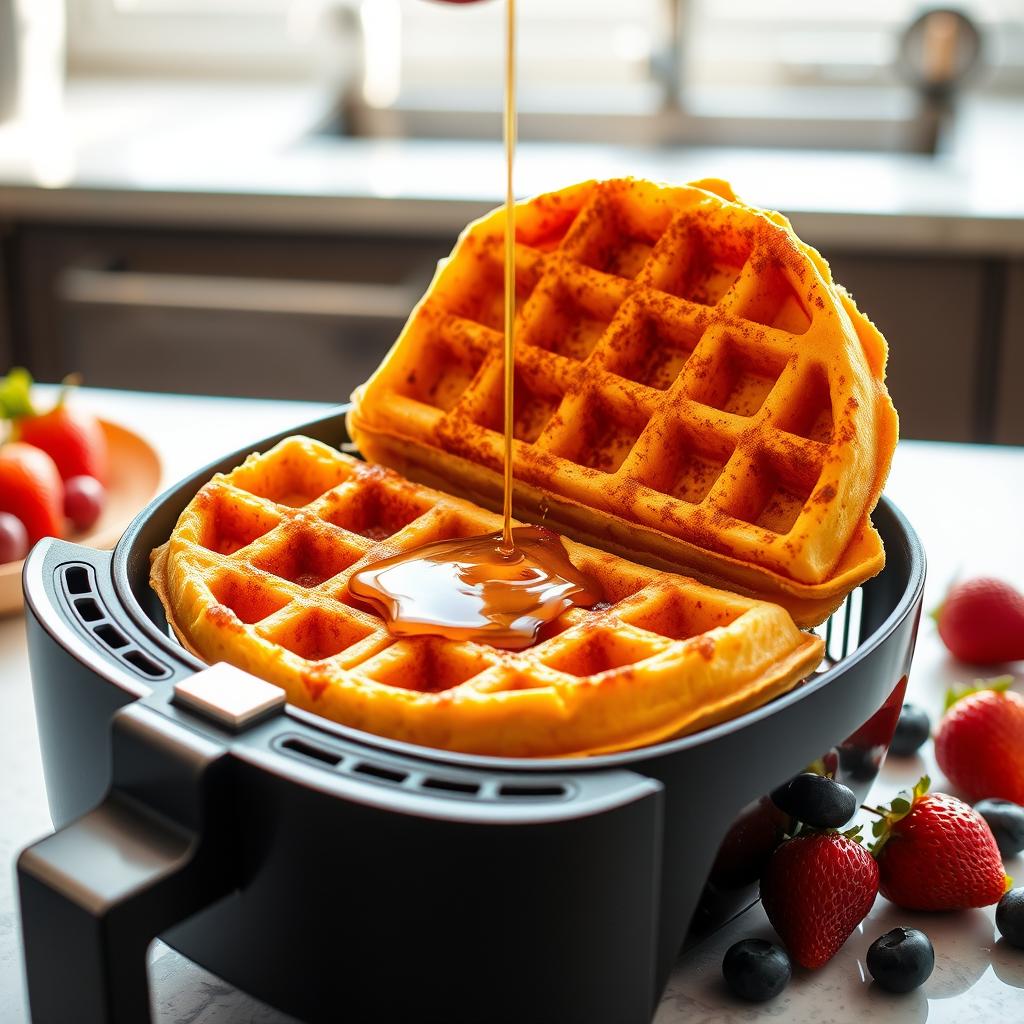 How to reheat frozen waffles: A golden-brown air-fried waffle in a modern air fryer basket, showcasing a crispy exterior and fluffy interior.