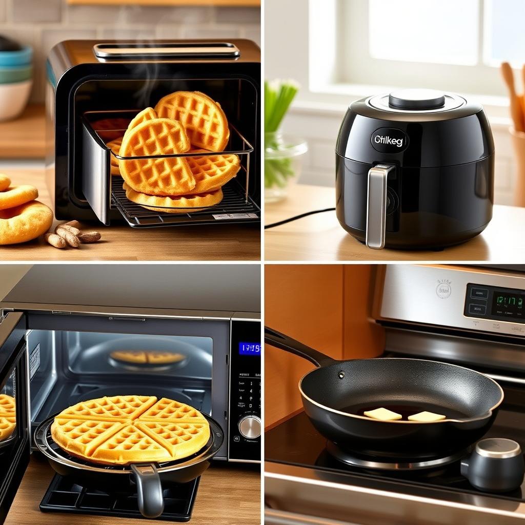 How to reheat frozen waffles: A cozy kitchen scene with a toaster, air fryer, microwave, and skillet, all featuring golden-brown waffles and reheating tools.