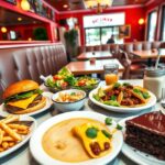 Vibrant lunch in USA at a classic diner with a cheeseburger, crispy fries, fresh garden salad, and creamy coleslaw, showcasing popular American lunch dishes