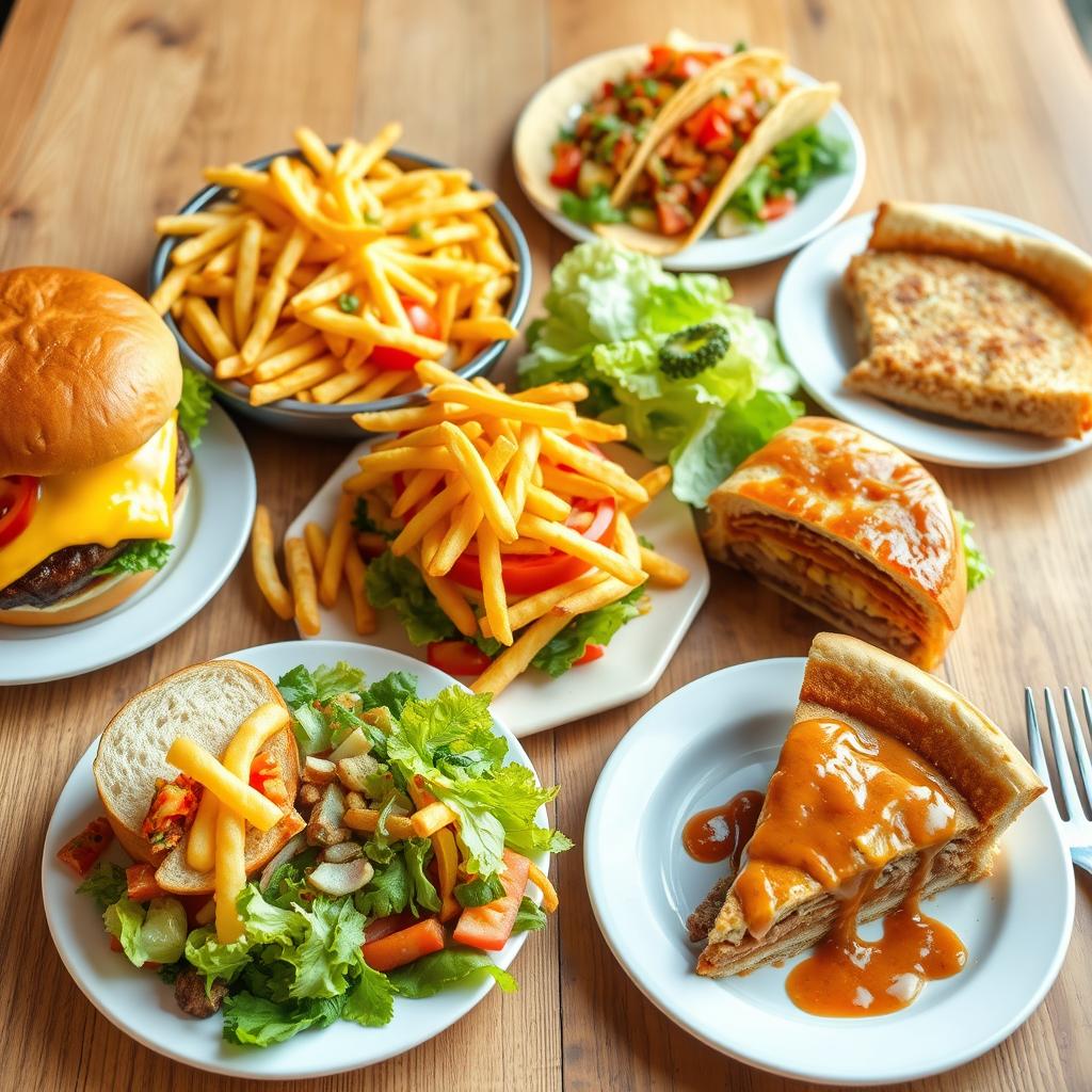 Popular lunch in USA spread featuring a classic cheeseburger, crispy fries, taco platter, and a hearty club sandwich