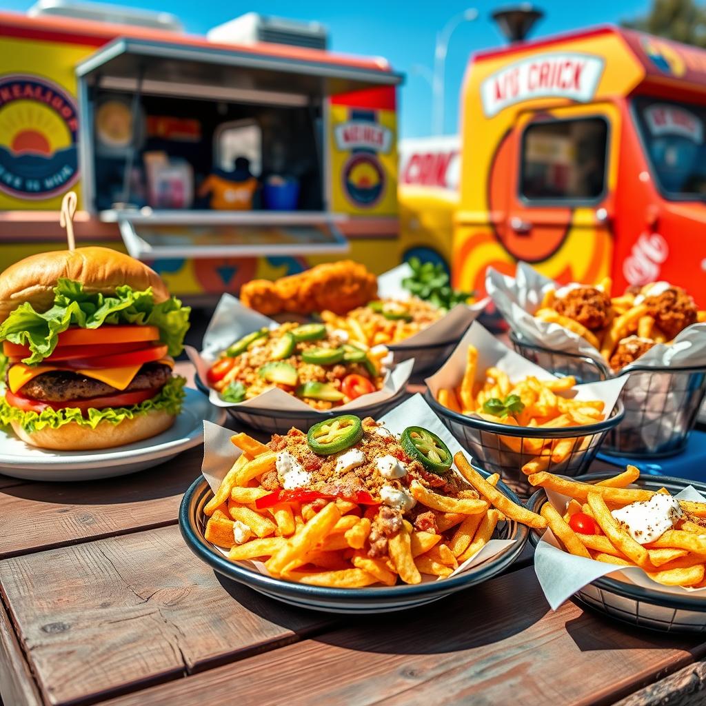 Classic American lunch dishes including a cheeseburger, crispy fried chicken sandwich, garden salad with avocado, and loaded fries, beautifully arranged