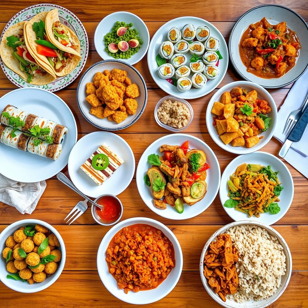 Colorful lunch in USA featuring a variety of ethnic dishes, including tacos with fresh toppings, sushi rolls, and aromatic curries, showcasing global flavors.