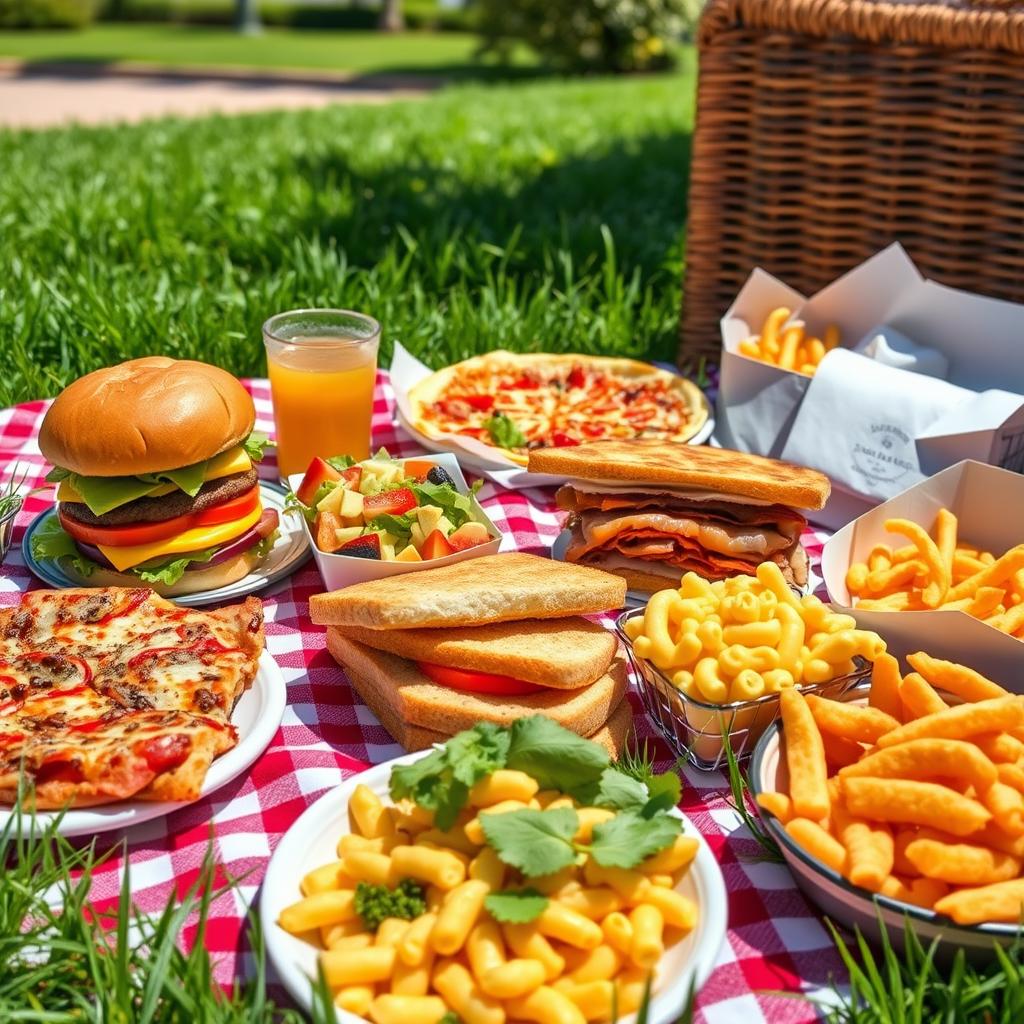 A vibrant picnic scene showcasing what Americans eat for lunch, with a cheeseburger, garden salad, and deli sandwich stacked with meats and cheeses