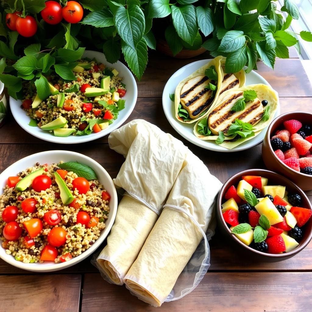 A colorful assortment of healthy lunch options showcasing what Americans eat for lunch, including a quinoa salad, grilled chicken wraps, and vegetable soup.