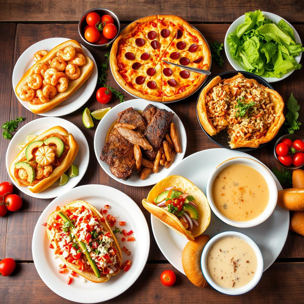 A vibrant spread of regional American lunch dishes, showing what Americans eat for lunch: a New Orleans po' boy, Chicago deep-dish pizza, and Texas brisket.