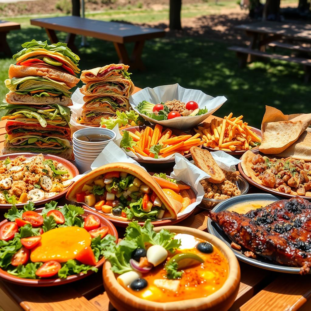 A vibrant spread of diverse American lunch dishes, including a gourmet sandwich, fresh salad, and artisanal wraps, showcasing what Americans eat for lunch