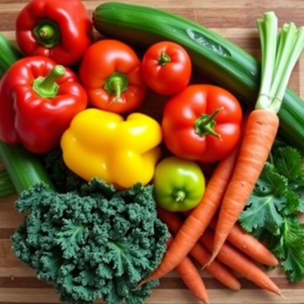 What Vegetables Are Good to Eat for Lunch? A vibrant assortment of fresh vegetables including bell peppers, cucumbers, tomatoes, kale, and carrots on a wooden cutting board