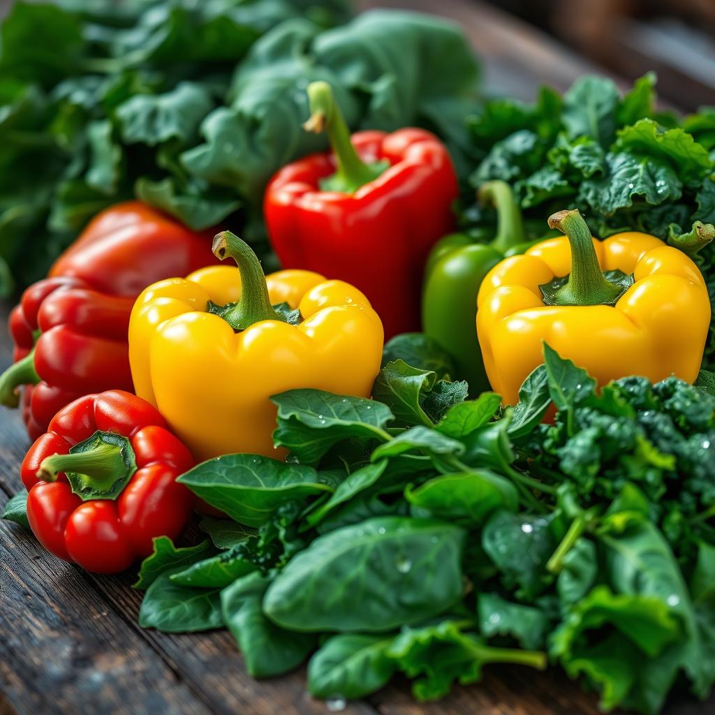 What Vegetables Are Good to Eat for Lunch? A vibrant arrangement of bell peppers and leafy greens like spinach and kale, glistening with dew on a wooden table