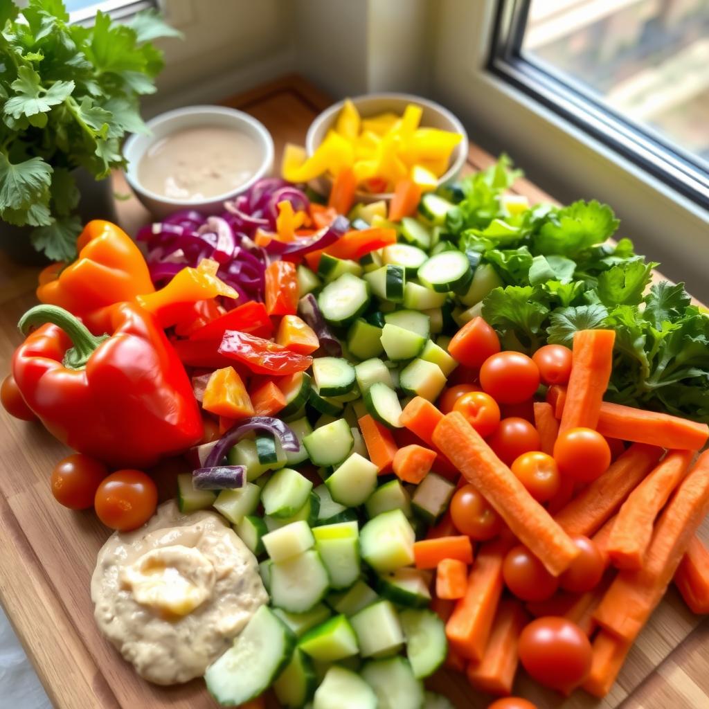 What Vegetables Are Good to Eat for Lunch? A vibrant assortment of chopped vegetables like bell peppers, cucumbers, cherry tomatoes, and carrots, served with hummus.