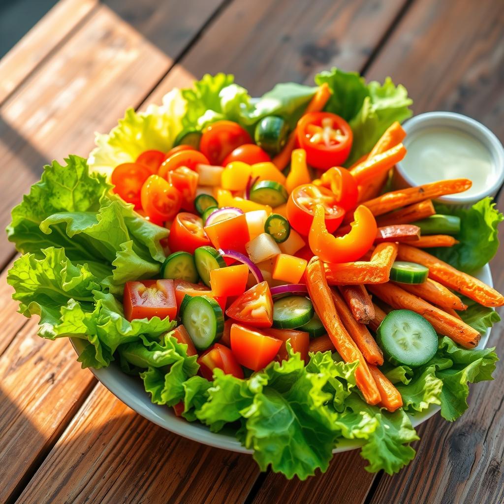 What Vegetables Are Good to Eat for Lunch? A vibrant lunch spread with fresh vegetables like lettuce, tomatoes, cucumbers, bell peppers, and roasted carrots.