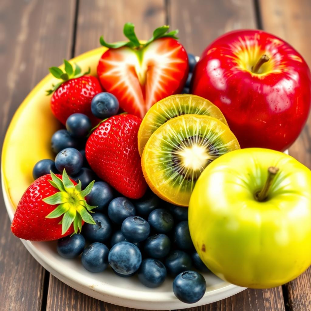 What Fruits Are Good to Eat for Lunch? A vibrant arrangement of strawberries, blueberries, kiwi slices, banana, and apple, ideal for a healthy lunch.