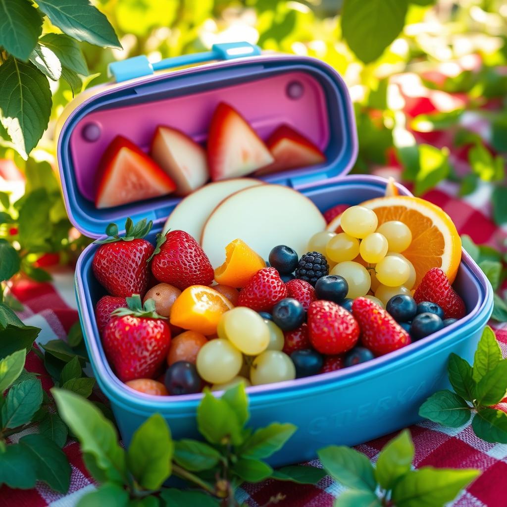 What Fruits Are Good to Eat for Lunch? A vibrant lunch box filled with sliced apples, strawberries, grapes, orange wedges, and blueberries, perfect for a picnic.