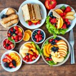 What Fruits Are Good to Eat for Lunch? A vibrant spread with fresh fruits like berries, oranges, and apples, alongside sandwiches and salads.