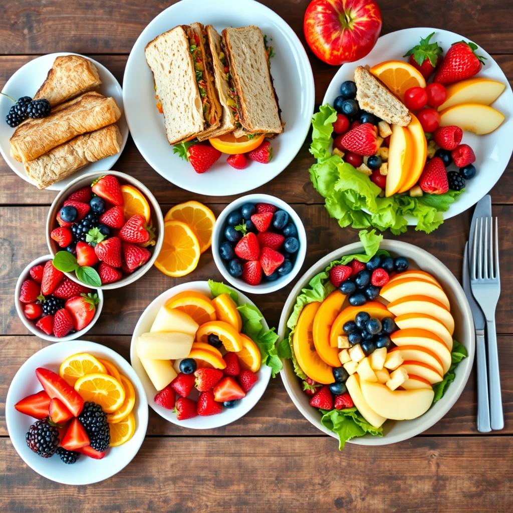 What Fruits Are Good to Eat for Lunch? A vibrant spread with fresh fruits like berries, oranges, and apples, alongside sandwiches and salads.