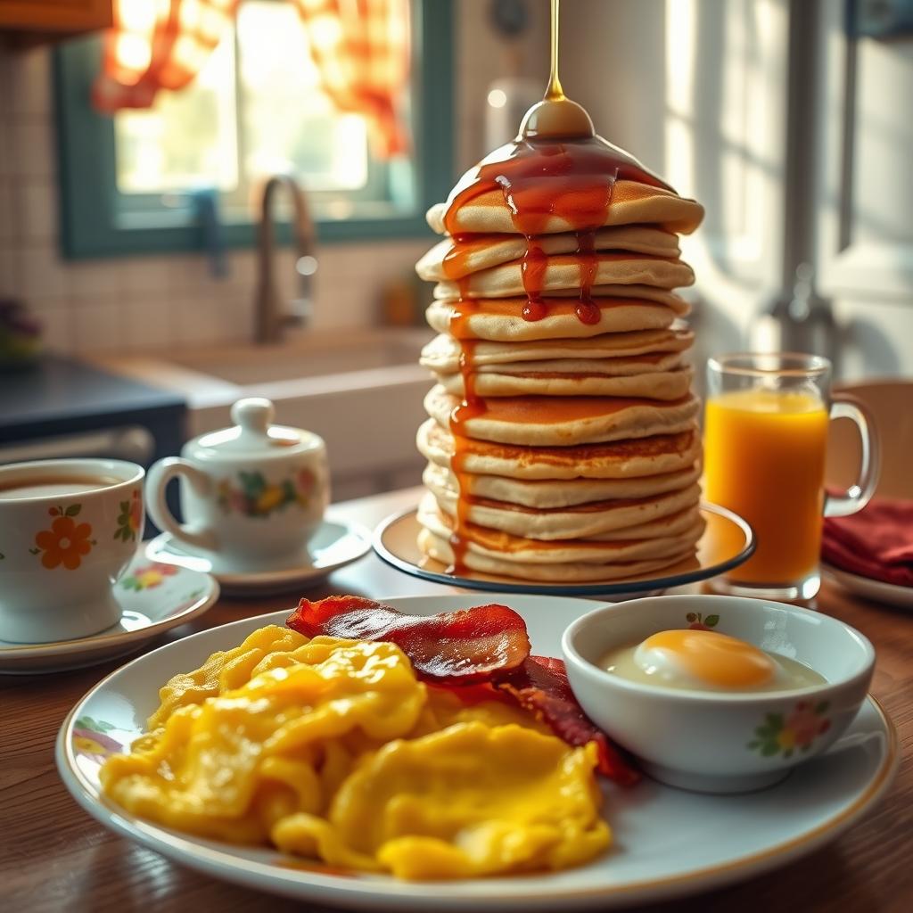 A classic American breakfast spread on a wooden table