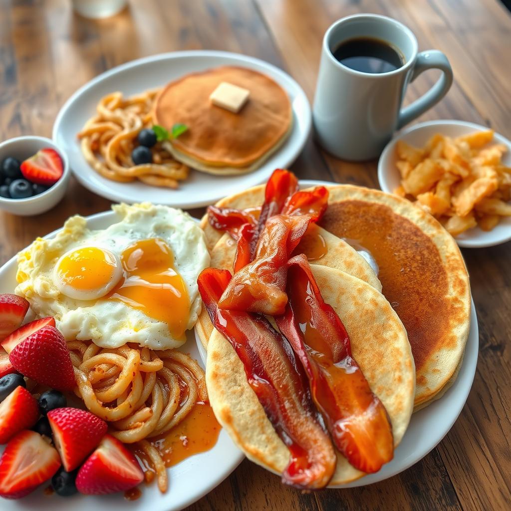 A beautifully arranged classic American breakfast spread 