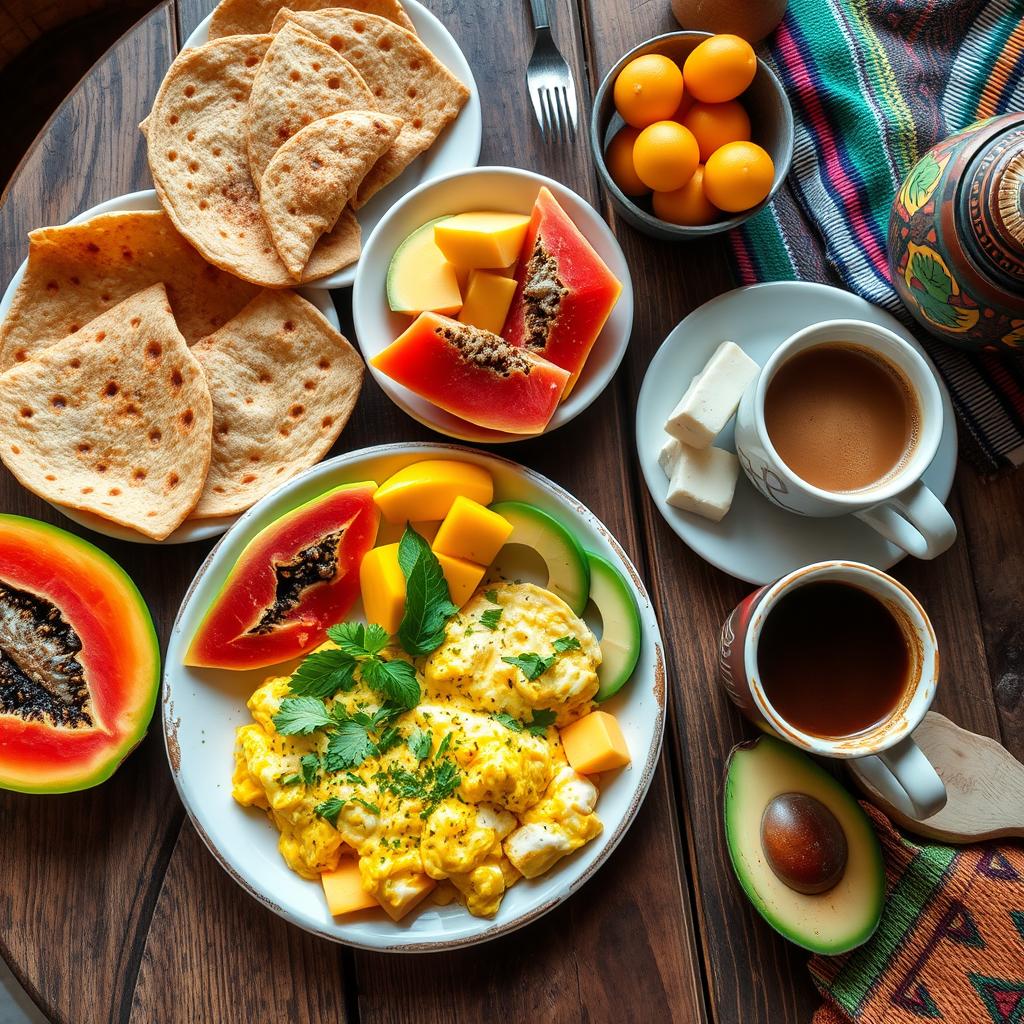 A vibrant South American breakfast spread on a rustic wooden table