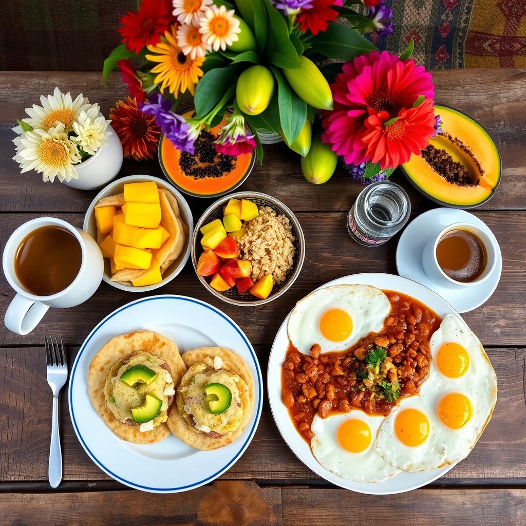 A vibrant Colombian breakfast spread 