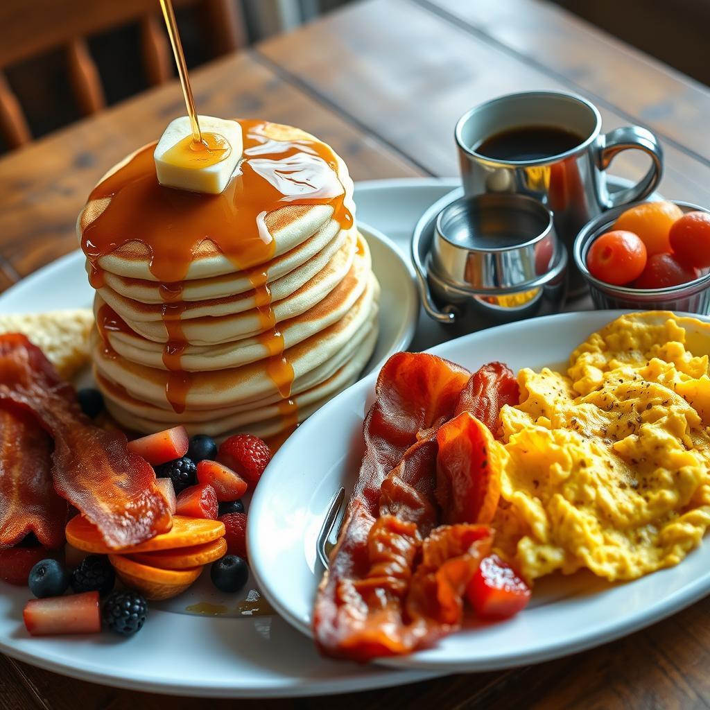 A vibrant and appetizing spread of classic American breakfast items