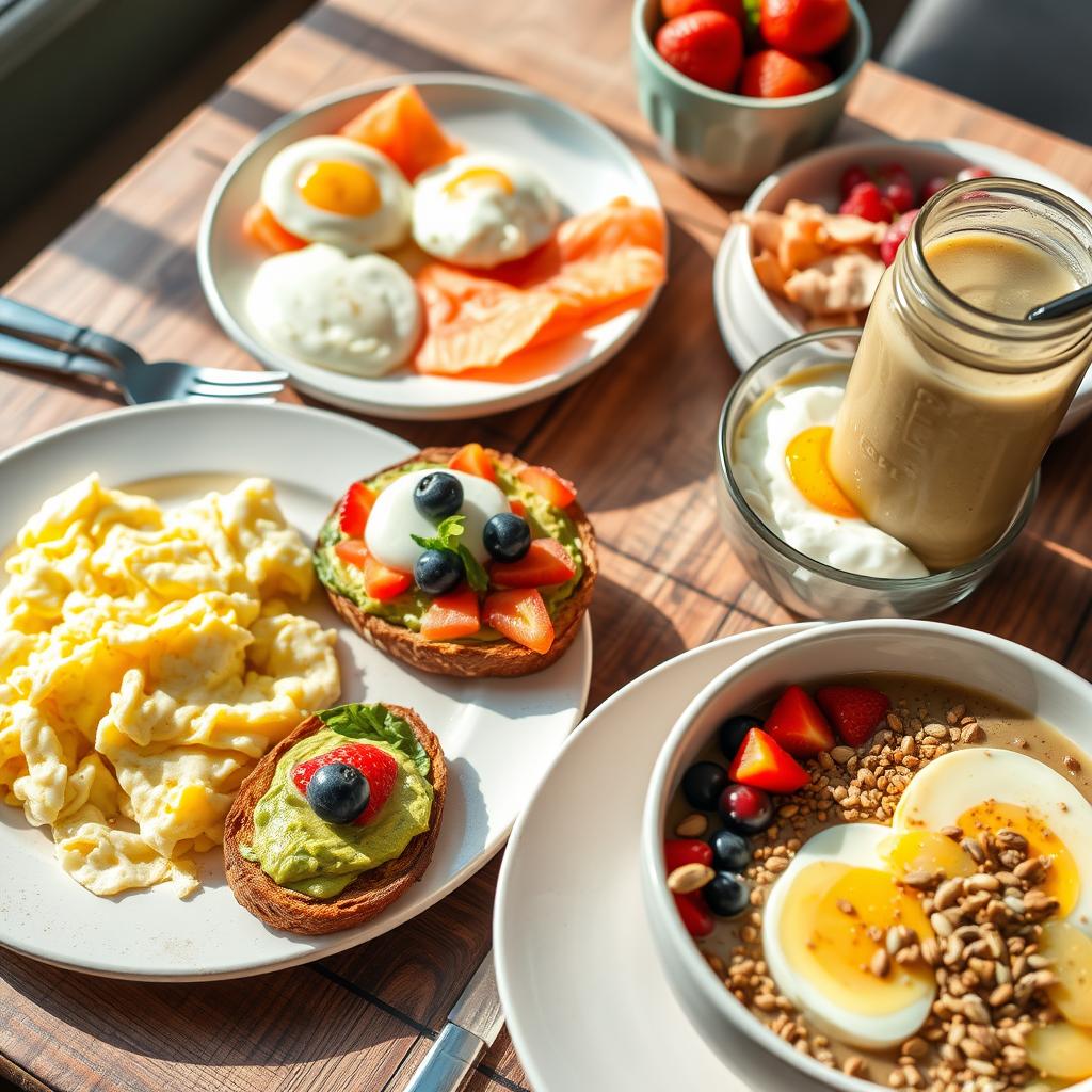 A colorful spread of Healthy American breakfast foods