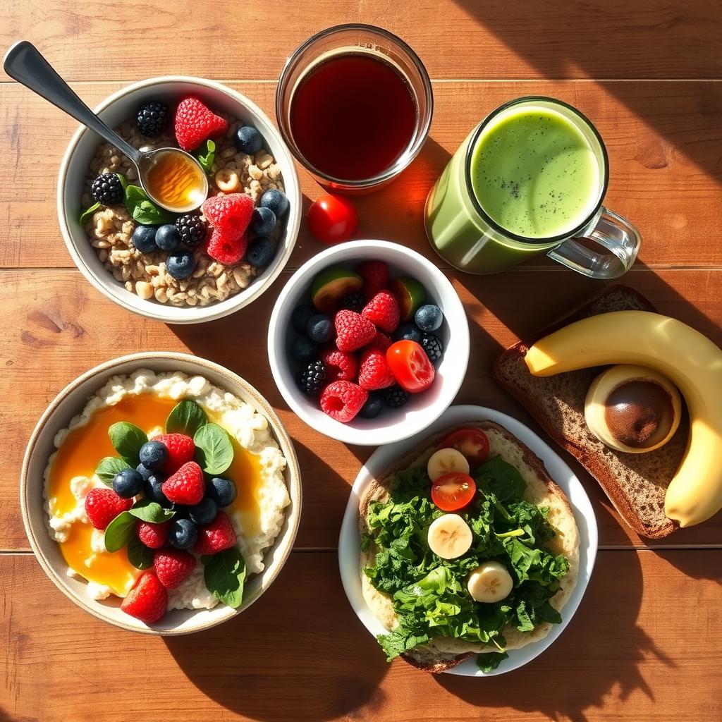 A colorful spread of nutritious American breakfast foods